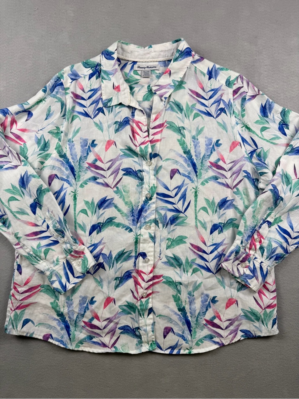 Tommy Bahama 100% Linen Women XL White Floral Button Shirt Beach Tropical Cruise